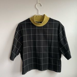 ODEYALO black PING PONG grid tee with green mock neck